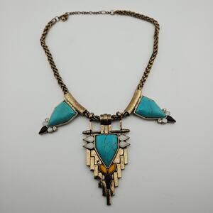 Bronze Tone Turquoise Colored Stone Statement Necklace Southwestern Cowgirl Bold